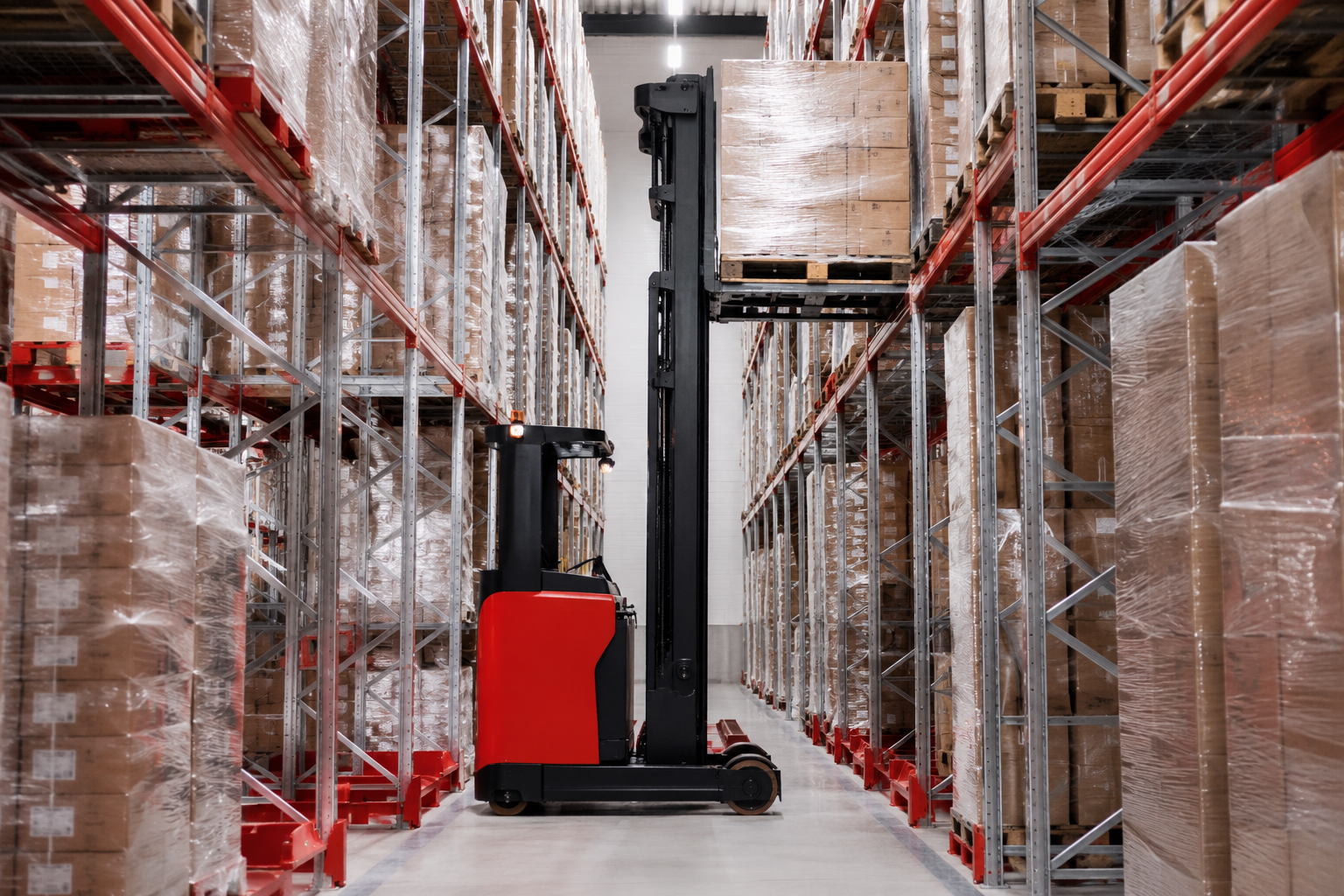 YanX VNA forklift operating between high racks in a narrow aisle warehouse